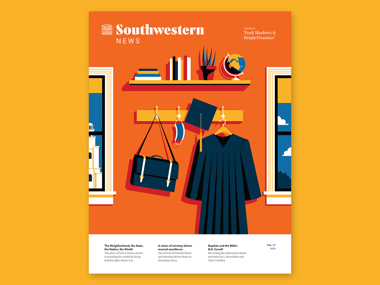 Southwestern News // July cover illustration covid19 university graduation cap magazine cover vector illustration