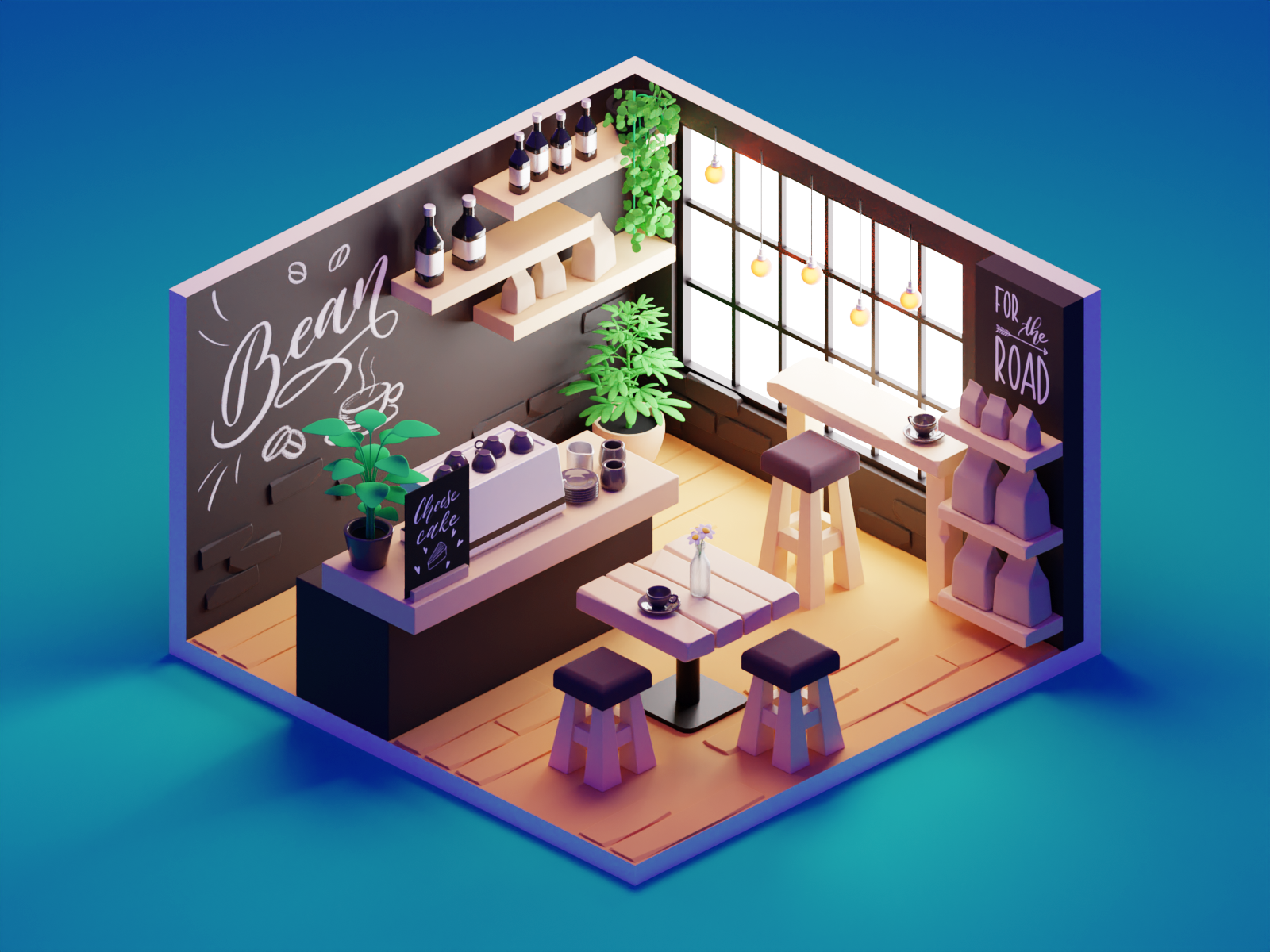 Coffee Shop room coffee shop hipster cafe coffeeshop lowpolyart low poly diorama isometric lowpoly render blender illustration 3d